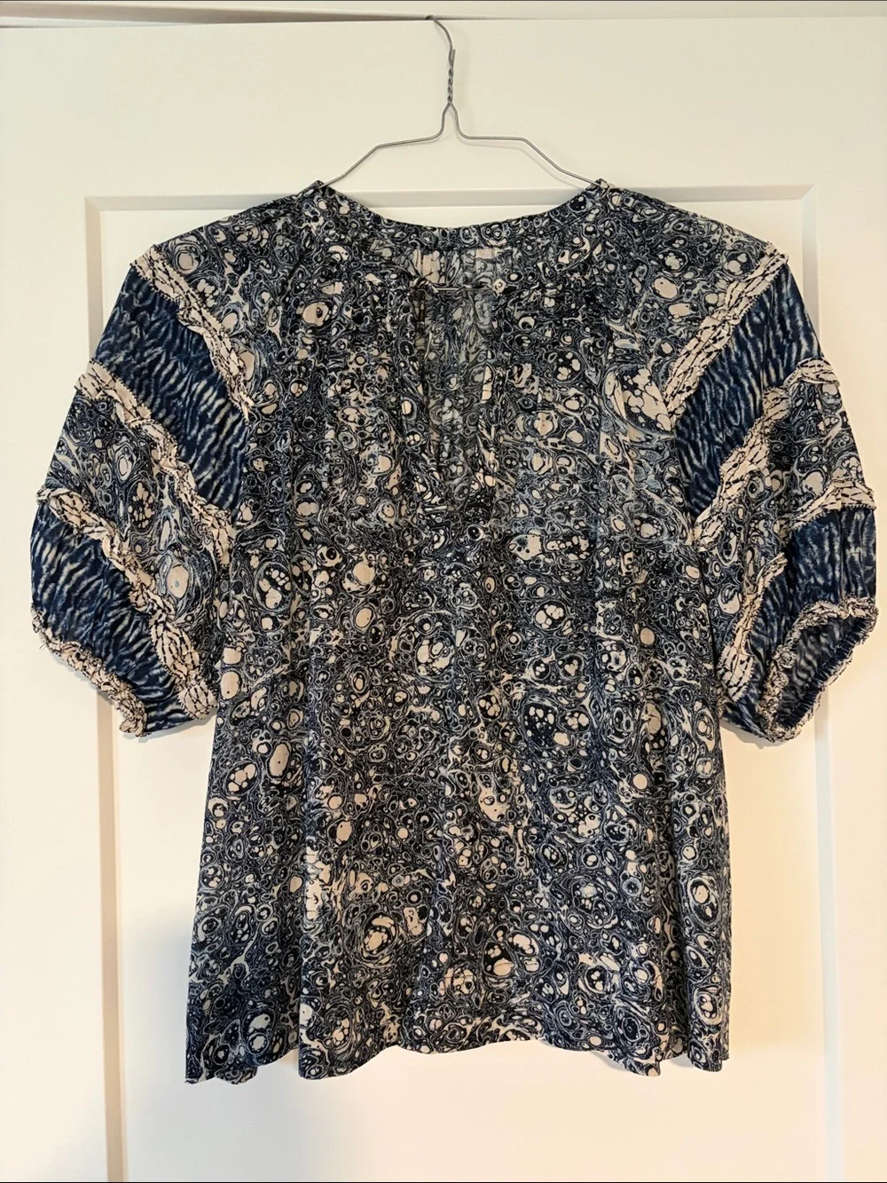 Ulla Johnson Women's Navy Blue Printed Puff Sleeve Top